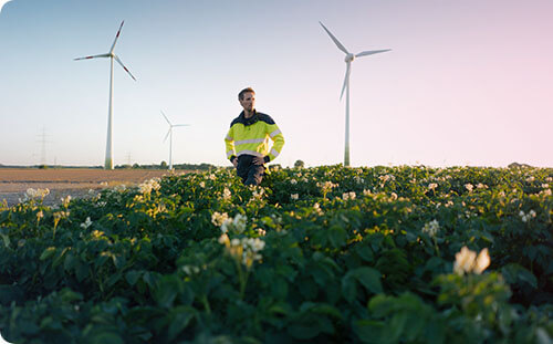 Techniker steht im Feld, hinter ihm Windräder.